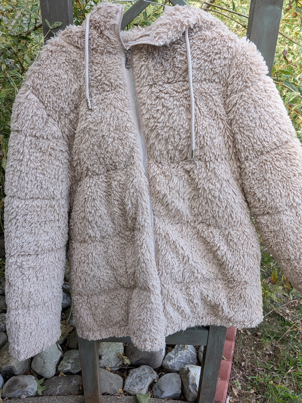 Kenneth Cole New York Women’s Small Beige Faux Fur Teddy Hooded Jacket